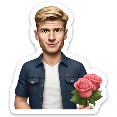 realistic photo of max verstappen in normal clothes holding roses and chocolates sticker
