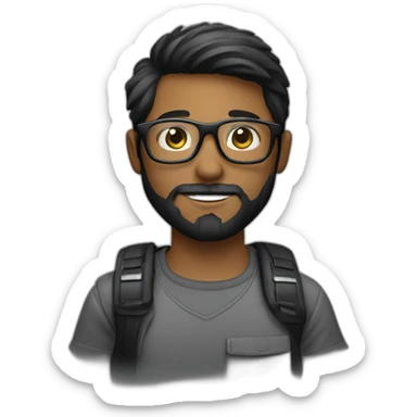 a photographer, young, black, straight hair, with a beard, wearing glasses and with a camera in his hand. Using black sticker