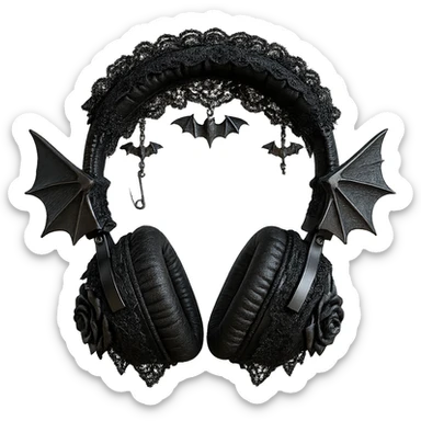 Add ornate lace, small bat wing charms, and a silver safety pin to the realistic black gothic headphones with bat wing details, lace trim, and dark roses. Keep the background transparent. Maintain the realistic black gothic style with lace and bat wing details. sticker