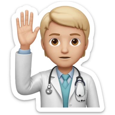 3D memoji doctor, hand raised forward in stop gesture, serious face, educational tone, white coat, stethoscope visible, centered, transparent PNG sticker