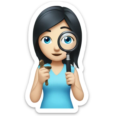 white girl with black hair and blue eyes playing with magnifying glass sticker