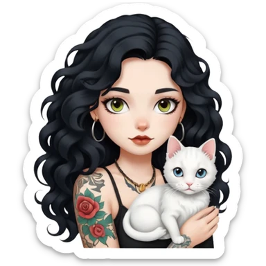girl with long black Loose curls hair and tattoos and a white cat sticker