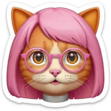 Orange Yellow cat wearing pink bob hair wig, circle glasses sticker