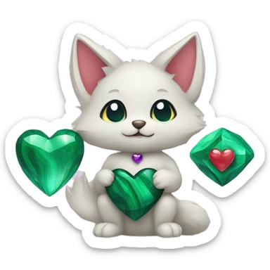 A Kitsune Holding a Malachite Heart, an Amethyst Heart and a Pearl Heart sticker