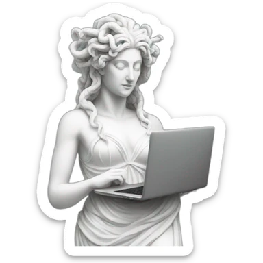 white statue of Medusa Gorgo with laptop sticker