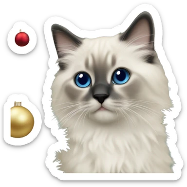 Blue colorpoint ragdoll kitten with dark nose climbing a Christmas tree sticker