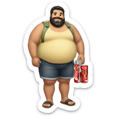 fat man in flip-flop shorts, black hair and beard holding a bottle of Coca-Cola sticker