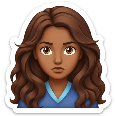 "- Nữ
- 30 tuổi
- Da nâu
- Tóc xoăn nhẹ màu nâu, dài 
- Mặt nghiêm túc
" sticker