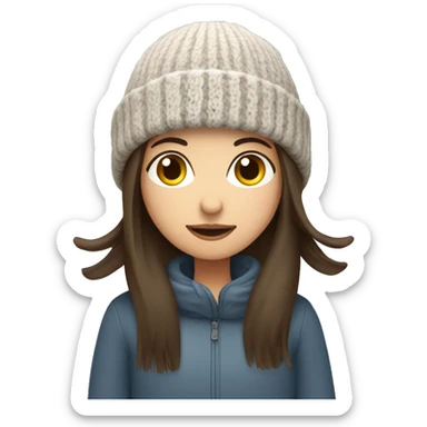 brunette girl with straight hair in the cold with a woolly hat sticker