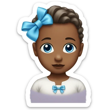 a baby with blue eyes wearing a bow sticker