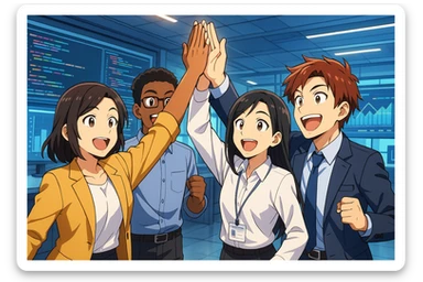 équipe IA/ML diverse célébrant un succès, high five collectif, arrière-plan avec écrans de code et graphiques, style anime vibrant et professionnel sticker