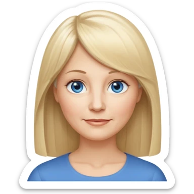 50 yr old white woman, center part bangs, very long straight blond hair, oval face, small smile, blue eyes, thin face, hair downback, hair parted at center of head, round cheeks, pale, longer hair sticker