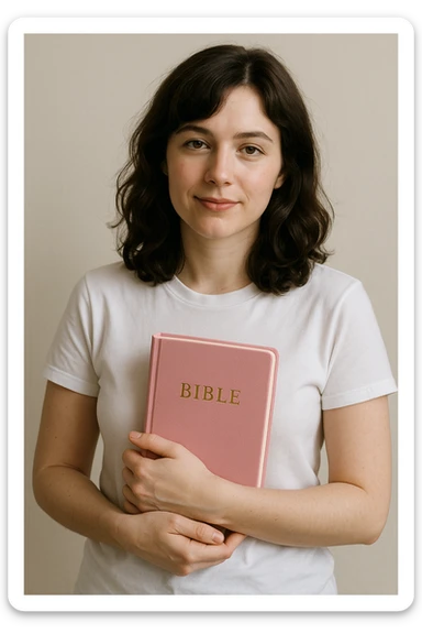 Brunette woman, pale skin, shoulder-length wavy hair, white t-shirt, holding a pink Bible, simple background sticker