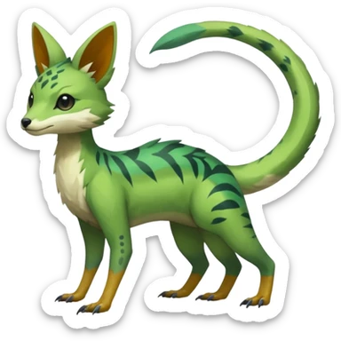  Japanese oriental asian painted Greenish beautiful handsome gorgeous aesthetic colorful vibrant Vernid-Trico-species-Fakemon-creature by LiLaiRa, 4 legs, 1 tail, random markings, (full body) sticker