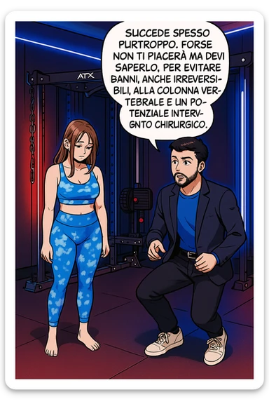 fai questa immagine in versione fumetto/manga/webtoon a colori, il manga mostra l'uomo che risponde alla donne:
Succede spesso purtroppo. 
Forse non ti piacerà ma devi saperlo, per evitare danni, anche irreversibili, alla colonna vertebrale e un potenziale intervento chirurgico. sticker