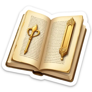 An open hardcover book and a golden bookmark sticker