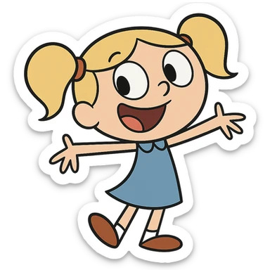 Little Suzy from Johnny Bravo, cheerful girl with pigtails, blue dress, cartoon style sticker