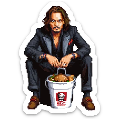 Johnny Depp sitting in a KFC bucket, long hair, goatee sticker