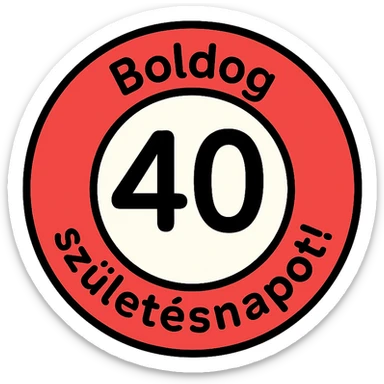 circular sign with red and white color scheme, large black number 40 in the center, text 'Boldog' at the top, text 'születésnapot!' at the bottom, clean and clear style, 1000x1000 px, transparent background, PNG sticker