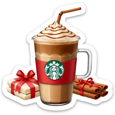 Starbucks iced espresso with milk and the cup has red ribbons printed on it. There is a bottle of cinnamon dolce syrup next to it  sticker