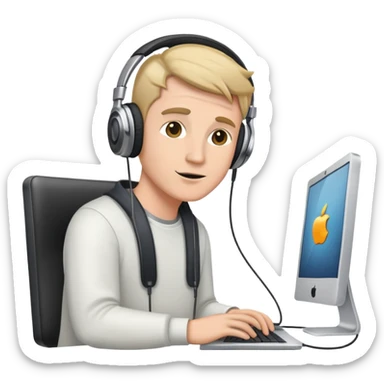 white man with headphones in front of computer mac  sticker