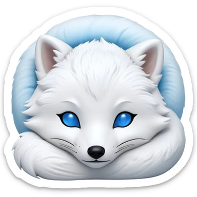 Meme-Worthy Cute Sleeping Arctic Fox Portrait Emoji, Head resting peacefully with a contented smile, showcasing a compact, agile build and a luxuriously soft white Fur with delicate icy blue accents, eyes shut in a serene, restful nap, Simplified yet hilariously adorable features, highly detailed, glowing with a soft, drowsy light, high shine, relaxed and utterly lovable, stylized with an air of playful laziness, bright and heartwarming, soft glowing outline, capturing the essence of a comically sleepy arctic fox, so meme-worthy it feels like it could instantly become the next viral sensation of adorable slumber! sticker