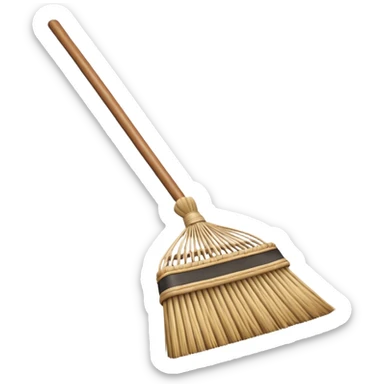 traditional broom with wooden handle cleaning dust from a carpet, straw bristles sweeping visible dust particles, vintage household cleaning tool, simple retro style, 3D cartoon, mobile game icon style, centered composition, clean background, no people, no animals, no text, no watermark sticker