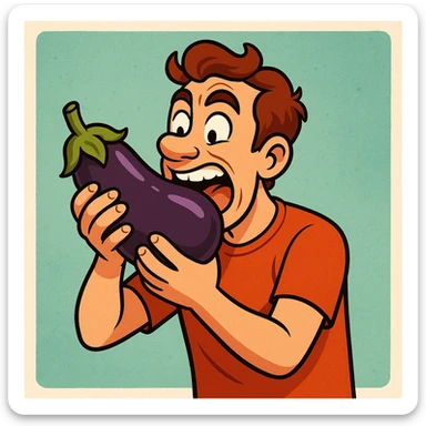 man eating a big eggplant, style 1 sticker