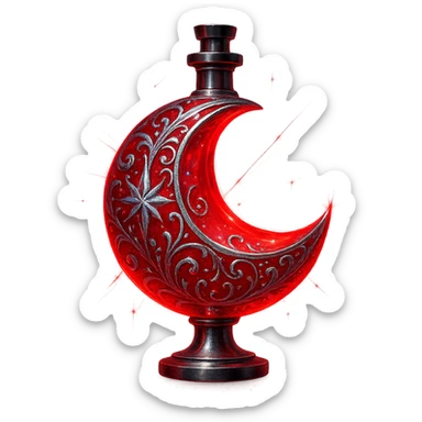 modernus prabangus eliksyro buteliukas, raudono mėnulio forma, paslaptingas, mistinis, ryški raudona spalva, stiprūs holografiniai ir sidabriniai ornamentai, itin ryškūs magiški švytėjimai ir efektai, labai mažas kaklelis, skaidrus fonas, vientisas dugnas, be šešėlio, plūduriuoja ore, kolekcijos stilius sticker