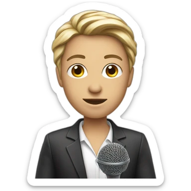white journalist standing confidently while holding a microphone. The journalist should be in professional attire sticker