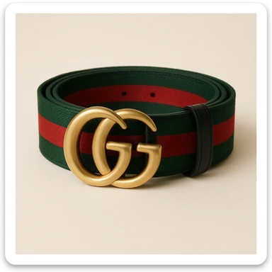 Change the belt band to green, black, and red stripes, keep the gold GG buckle and luxury look, maintaining a high-end fashion style. sticker