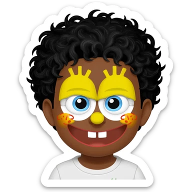 Make a brown boy with black curly hair have a SpongeBob face paint sticker