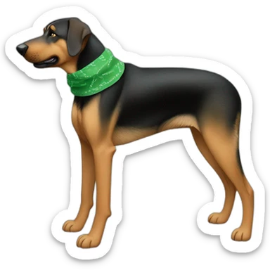 75% Coonhound 25% German Shepherd mix dog wearing small plain green bandana side view full body in profile left facing sticker