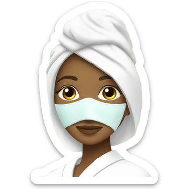 White girl with Brown hair and blue eyes wears a Green colored skincare textured mask and puts on cucumbers around her eyes while She relaxes in her white Robe sticker