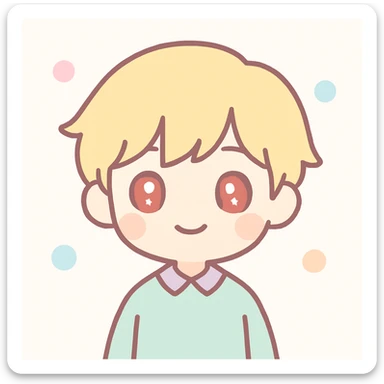 Japanese man with red eyes and blond hair, smiling, kawaii style sticker