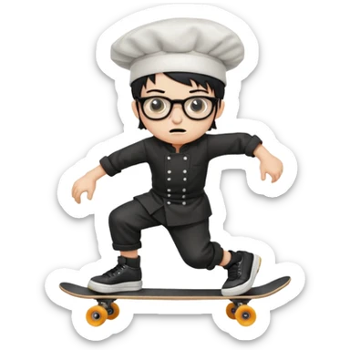 ["An angry boy  wearing a chef hat and square glasses, dressed in goth fashion, is skateboarding while holding a backpack."] sticker