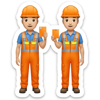 mature engineer hi-vis orange overalls standing full body holding a card sticker