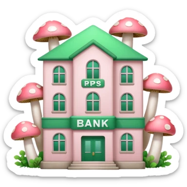 Pale Pink and green cute bank building, mushrooms growing around it , clean aesthetic, two PP letters on it sticker
