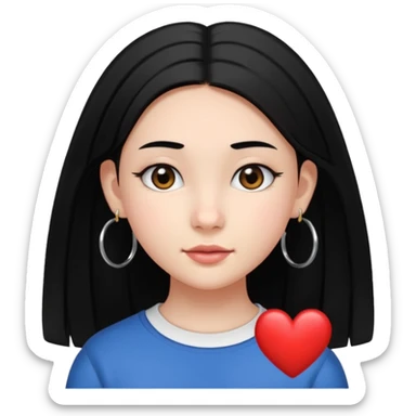 a young 8th grade school girl, with fair skin, heart shape face, has medium length straight black hair and with hoops earrings. sticker
