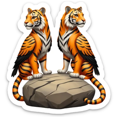 two-headed eagle with tiger stripes and a tiger's tail, perched on a rock, hybrid animal, simplified and expressive, bold lines, minimal detail sticker