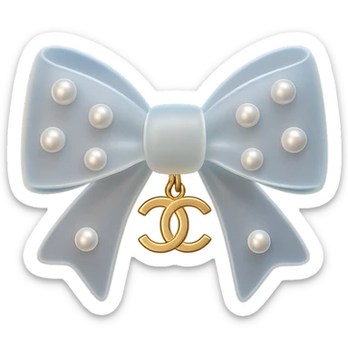 elegant bow with pearls and gold Chanel logo, glossy, pastel colors sticker