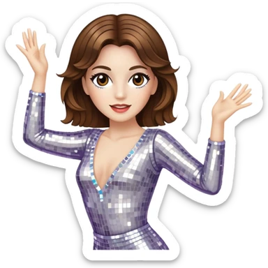 woman with white skin and brown hair disco dancing wearing a sparkly outfit sticker