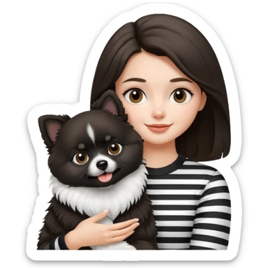 an brunette hair girl holding her black and white pomeranian dog that has white middle part in the face kinda looks like a panda sticker