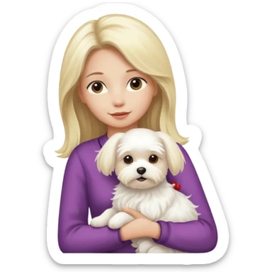 birthday woman with long blonde hair is holding a Maltese dog sticker