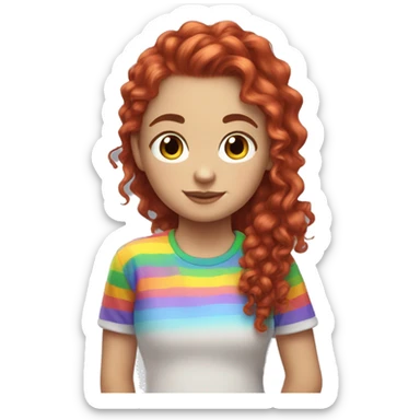 a white girl with long red curly hair in a pony tail with rainbow shirt being cute sticker