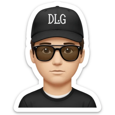 Emoji of a white man with short dark brown hair under a black baseball cap, wearing a black t‑shirt and 1980s‑style black Ray‑Ban rectangle sunglasses black lenses, with black musical notes floating around his head,  word "DLG" written on the hat sticker