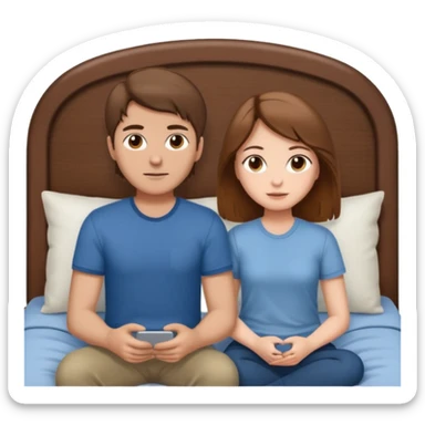 A brown-haired girl and a brown-haired man. They are both on a bed. The girl is sitting on the man. sticker