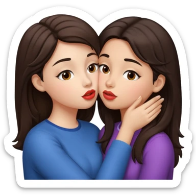 A girl kisses her friend The girls' hair color is dark brown.  sticker