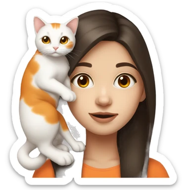 Girl with dark brown hair and white skin holding orange and white cat   sticker