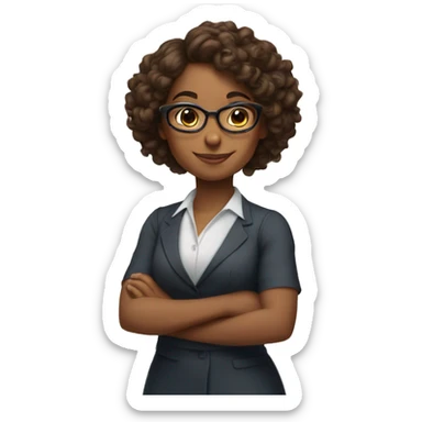 Brown girl with curly brown hair wearing glasses and arms folded, smiling, wearing professional dress sticker